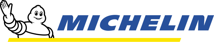 The Michelin logo features the Michelin Man, a white, cartoon-like figure made of tire-like rings, waving with his left hand. To his right, the word 